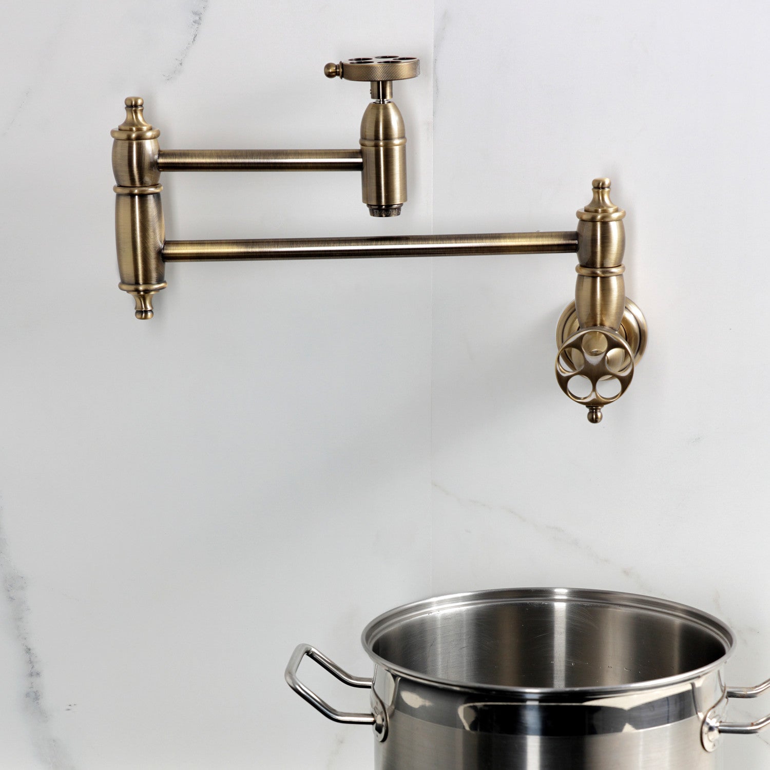 Kingston Heirloom KS3103RKZ - Wendell Two-Handle 1-Hole Wall Mount Pot Filler Faucet with Knurled Handle, Antique Brass — thumbnail 3